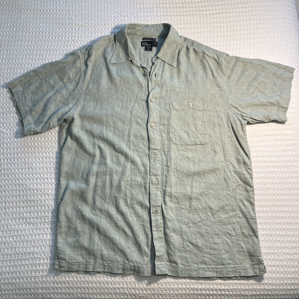 Marc Edwards Shirt Men's Size XL Linen Button Up Washable Green Short Sleeve